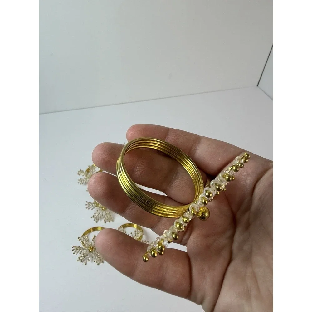 Christmas Winter Napkin Holders Brass‎ Metal Rings Beaded Snowflake Set of 12